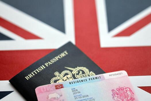 British passport and residence permit on Union Jack flag.